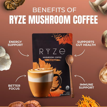 RYZE SUPERFOODS Mushroom Medium Roast Coffee USDA Organic with 6 Adaptogenic Mushrooms, USA Grown Instant Coffee for Better Energy, Focus Digestion Immunity with Lions Mane & Turkey Tail 30 Servings