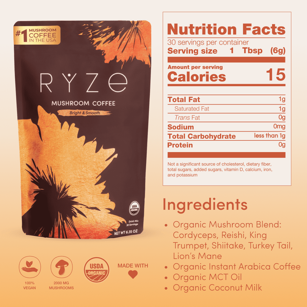 RYZE SUPERFOODS Mushroom Medium Roast Coffee USDA Organic with 6 Adaptogenic Mushrooms, USA Grown Instant Coffee for Better Energy, Focus Digestion Immunity with Lions Mane & Turkey Tail 30 Servings