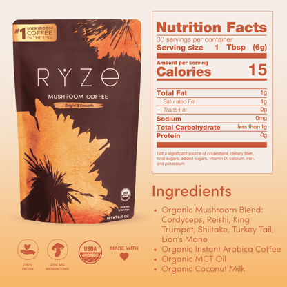 RYZE SUPERFOODS Mushroom Medium Roast Coffee USDA Organic with 6 Adaptogenic Mushrooms, USA Grown Instant Coffee for Better Energy, Focus Digestion Immunity with Lions Mane & Turkey Tail 30 Servings
