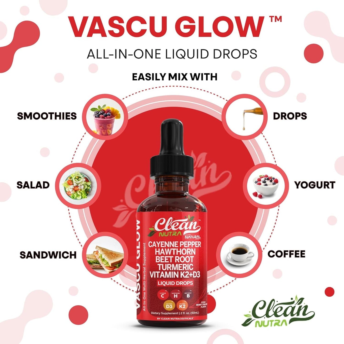 Cayenne Pepper Supplement Liquid Drops + Hawthorn Berry, Vitamin D3 K2 Beet Root Powder, Ceylon Cinnamon, Turmeric Curcumin, Organic Panax Ginseng, Berberine Extract VIT D K by Clean Nutra -