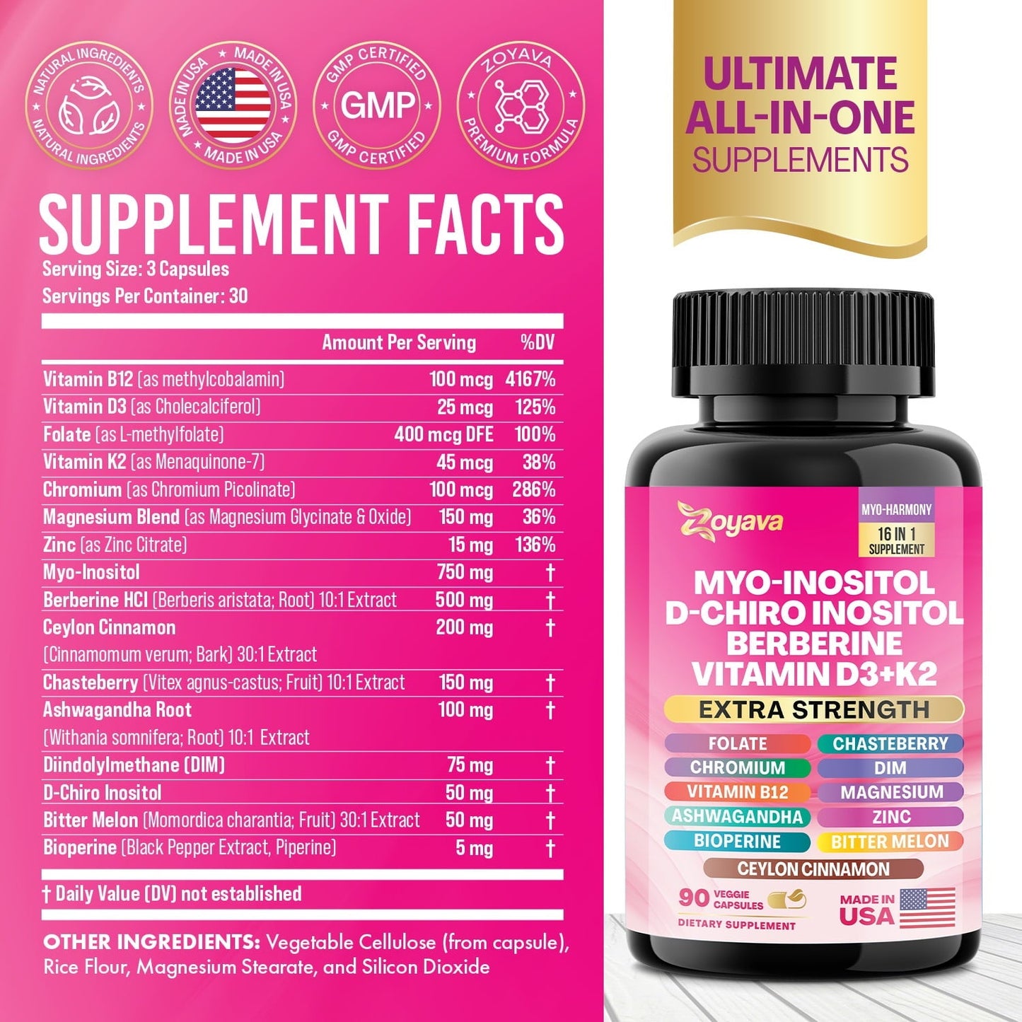 Myo Inositol Supplement 750mg, Berberine 500mg, D-Chiro Inositol 50mg, Folate 400mcg, Chromium 100mcg, Ceylon Cinnamon 200mg, Ashwagandha 100mg, DIM 75mg, Vitex Chasteberry 150mg, 90 Capsules-Shop