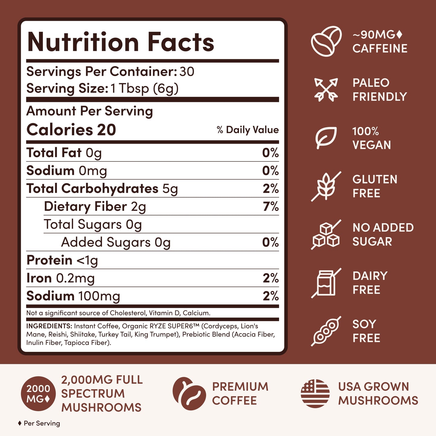 RYZE SUPERFOODS Mushroom Medium Roast Coffee USDA Organic with 6 Adaptogenic Mushrooms, USA Grown Instant Coffee for Better Energy, Focus Digestion Immunity with Lions Mane & Turkey Tail 30 Servings