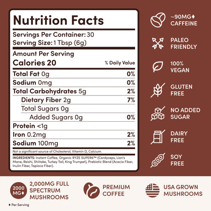 RYZE SUPERFOODS Mushroom Medium Roast Coffee USDA Organic with 6 Adaptogenic Mushrooms, USA Grown Instant Coffee for Better Energy, Focus Digestion Immunity with Lions Mane & Turkey Tail 30 Servings