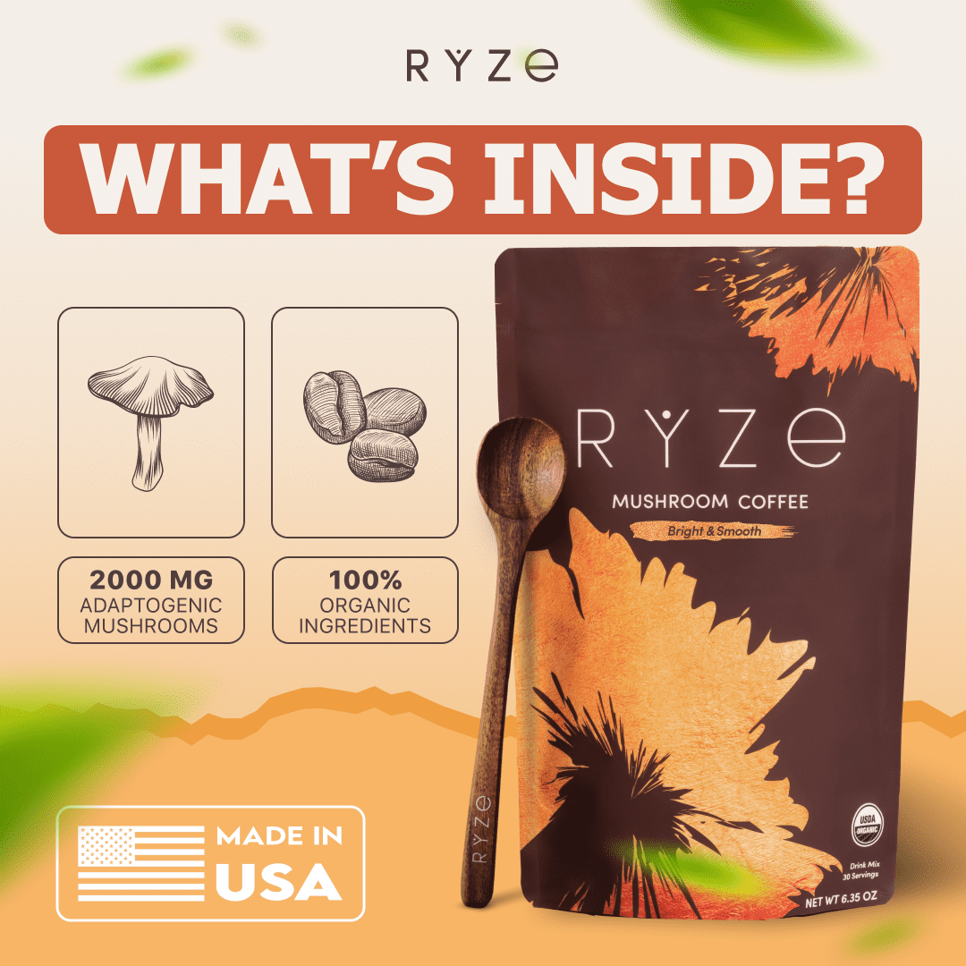 RYZE SUPERFOODS Mushroom Medium Roast Coffee USDA Organic with 6 Adaptogenic Mushrooms, USA Grown Instant Coffee for Better Energy, Focus Digestion Immunity with Lions Mane & Turkey Tail 30 Servings