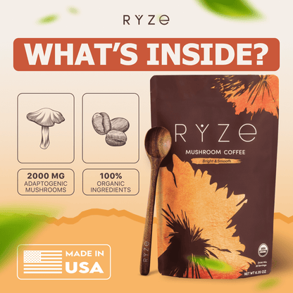 RYZE SUPERFOODS Mushroom Medium Roast Coffee USDA Organic with 6 Adaptogenic Mushrooms, USA Grown Instant Coffee for Better Energy, Focus Digestion Immunity with Lions Mane & Turkey Tail 30 Servings