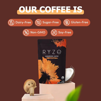 RYZE SUPERFOODS Mushroom Medium Roast Coffee USDA Organic with 6 Adaptogenic Mushrooms, USA Grown Instant Coffee for Better Energy, Focus Digestion Immunity with Lions Mane & Turkey Tail 30 Servings