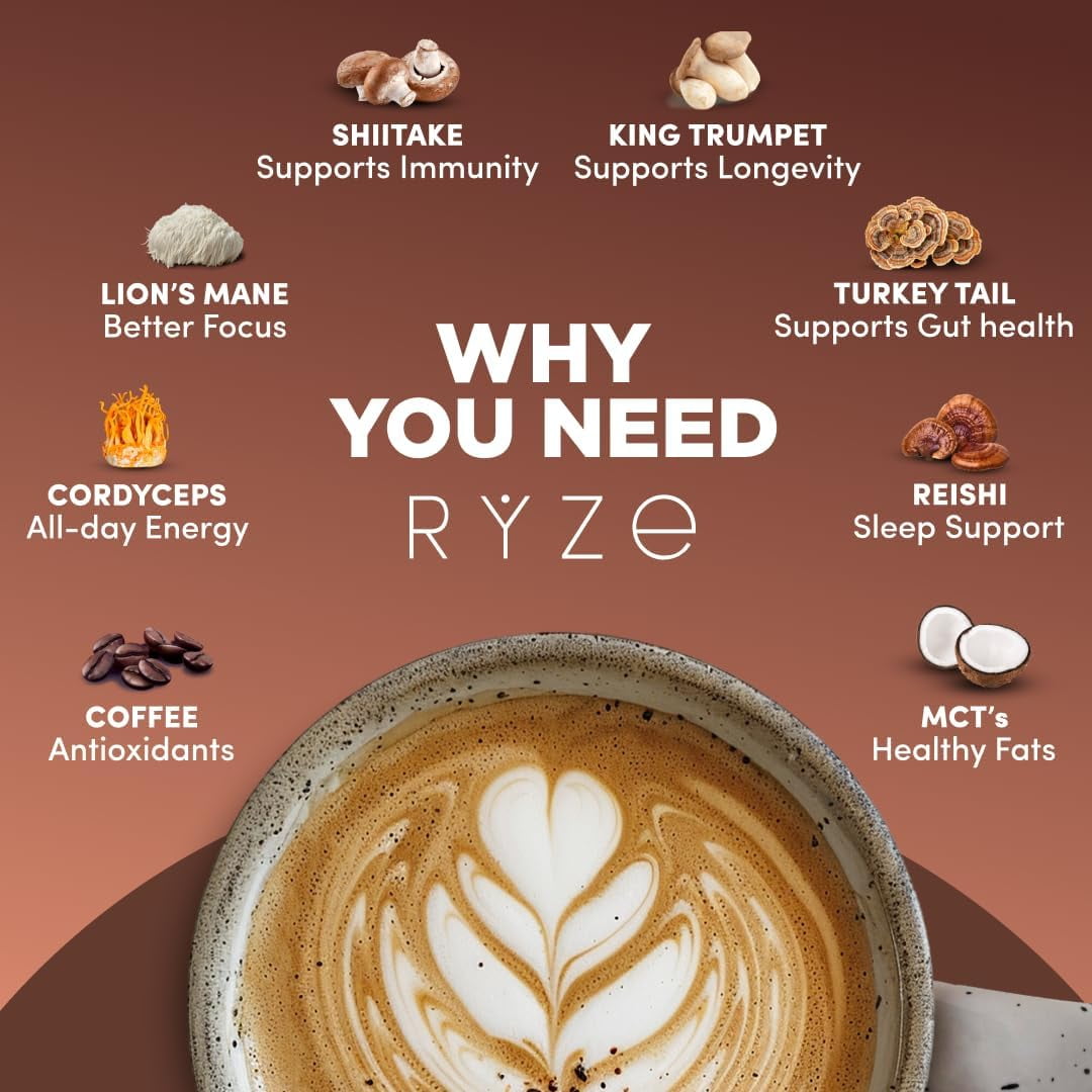 RYZE SUPERFOODS Mushroom Medium Roast Coffee USDA Organic with 6 Adaptogenic Mushrooms, USA Grown Instant Coffee for Better Energy, Focus Digestion Immunity with Lions Mane & Turkey Tail 30 Servings
