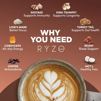 RYZE SUPERFOODS Mushroom Medium Roast Coffee USDA Organic with 6 Adaptogenic Mushrooms, USA Grown Instant Coffee for Better Energy, Focus Digestion Immunity with Lions Mane & Turkey Tail 30 Servings