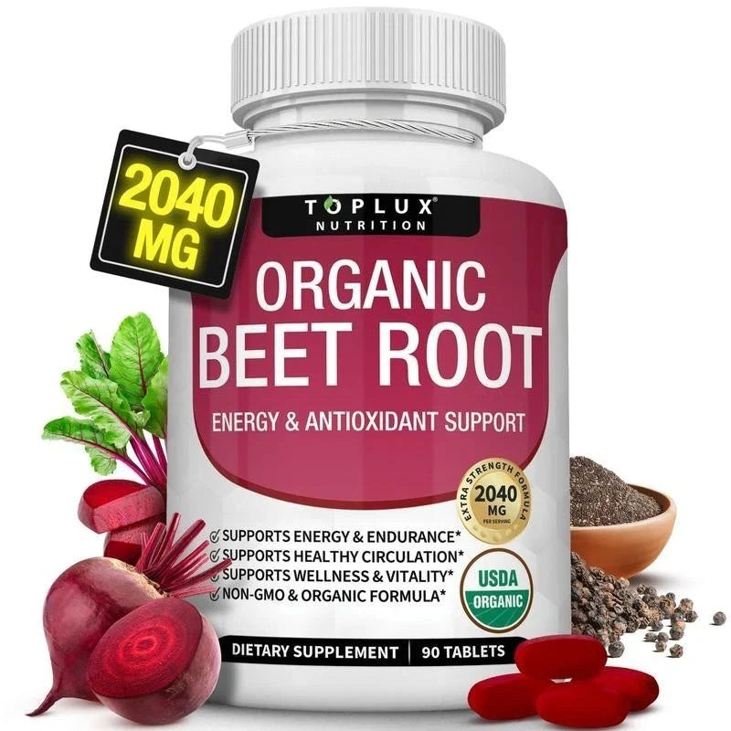 '-TopLux Organic Beet Root 2040mg –90Tablets – Energy, Circulation & Antioxidant-