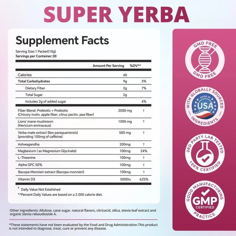 Super Yerba | Yerba Mate Instant Tea Powder |  RASPBERRY LEMONADE Flavor | 30 Se